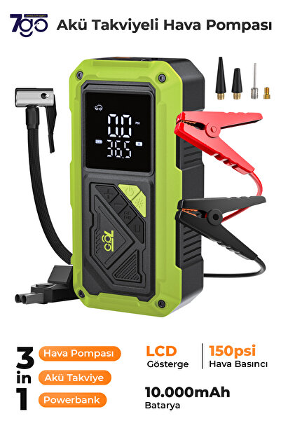 7GO 7A4 Akü Takviyeli Hava Pompası & Jump Starter 10000mAh Powerbank – Çok Fo...