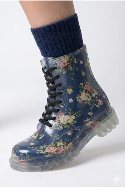 Frida Shoes Frida Kadın Şeffaf Su Geçirmez Bot 13401-lacivert Çiçek Desenli