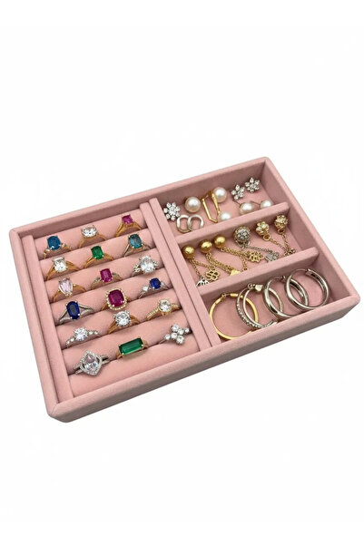 MeGass Dekor Süet Kumaş Pembe Renk 22 cm / 14 cm Çekmece İçi Takı Standı
