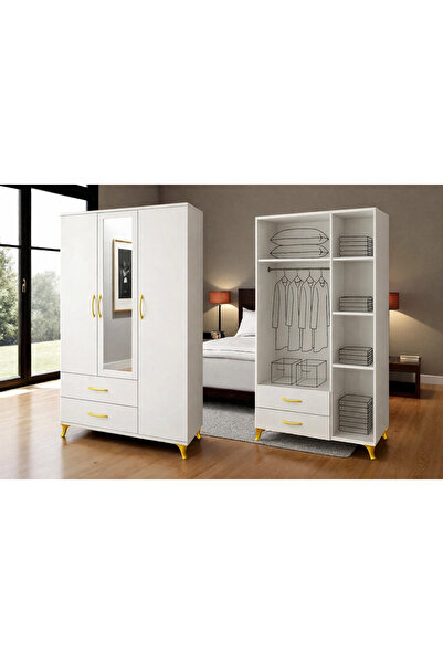 Ninna Kids Ninna Mobilya 3 Kapaklı Aynalı Raflı Çekmeceli Modern Dolap