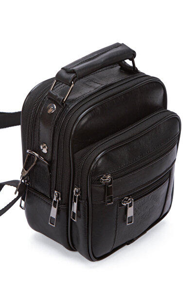 NEWISH POLO ACCESSORIES Мъжка черна чанта от естествена кожа с черна стоманен...