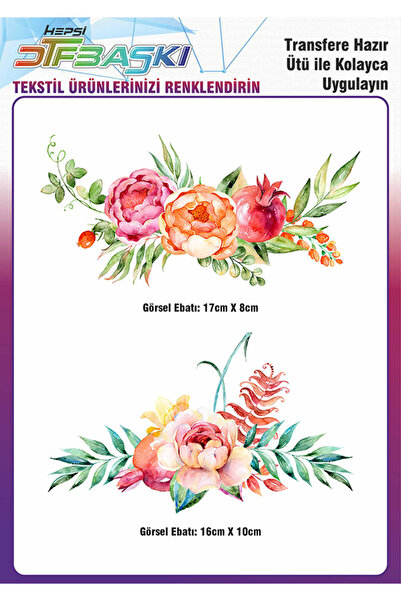F17 Ajans Yapraklı Çiçekler 2 Adet Ütü ile Yapışan Tekstil DTF Baskı