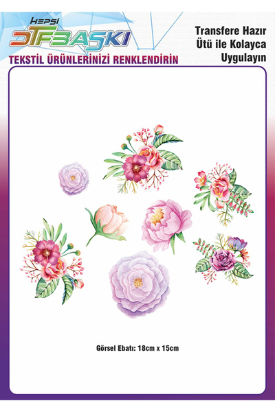 F17 Ajans Çiçekler 8 Adet Ütü ile Yapışan Tekstil DTF Baskı
