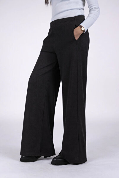 defys Pantaloni negri cu picioare largi, cu talie normală, elastică, din țesă...