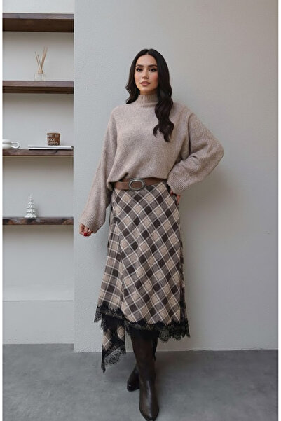 My Blog Brown 100% Cotton Plaid Skirt with Lace Detail - 0783