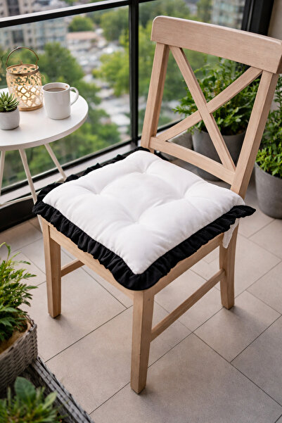 GOCCIA HOME Beyaz Siyah Fırfırlı Özel Dikişli Sandalye Minderi Dolgulu Kare B...