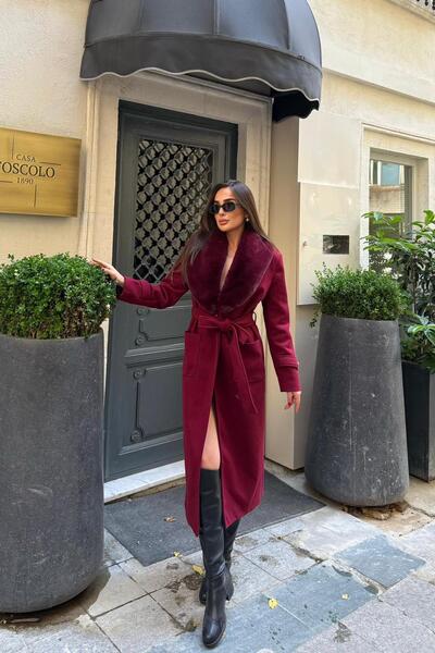 Dipmoda Дамско вълнено палто с кожена яка, колан по цялата дължина и джобове ...