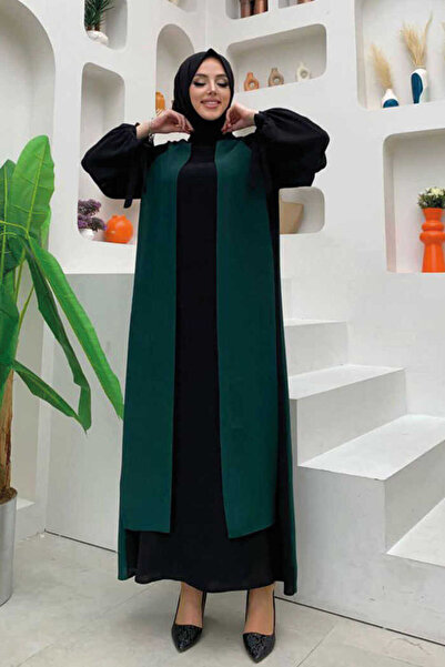 Bym Fashion فستان ذو لونين بتفاصيل قطعة وأكمام فقاعية 3799 زمرد