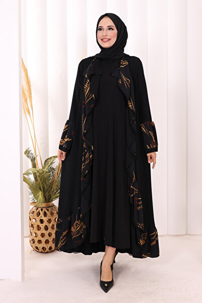 Bym Fashion Çiçek Desenli Fırfırlı Abaya 7908 Siyah