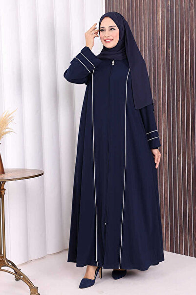 Bym Fashion سترة طويلة بتفاصيل خطية وسحاب كامل طراز فيرايس 6011 باللون الأزرق...