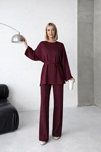 MG GİYİM STORE Women's Burgundy Belted Suit - Casual & Stylish Suit