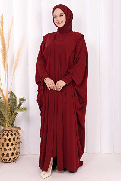 Bym Fashion Kapüşonlu Abaya ve Elbise İkili Takım 70013 Bordo