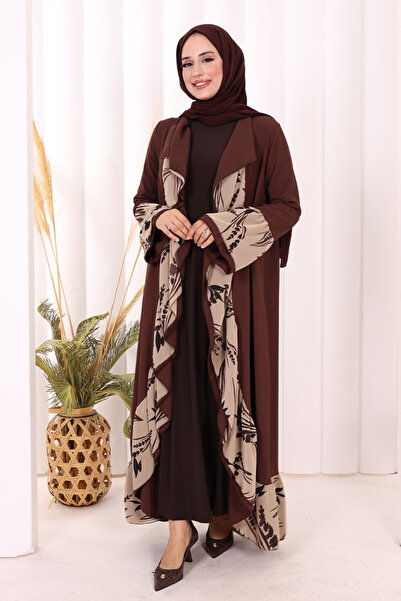 Bym Fashion Çiçek Desenli Fırfırlı Abaya 7908 Kahverengi