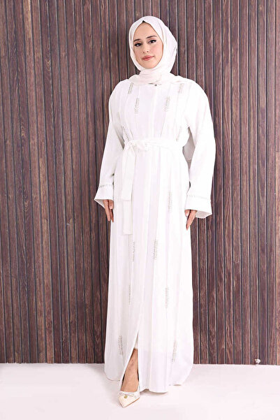 Bym Fashion Boncuk İşlemeli Tam Boy Ferace 7894 Ekru