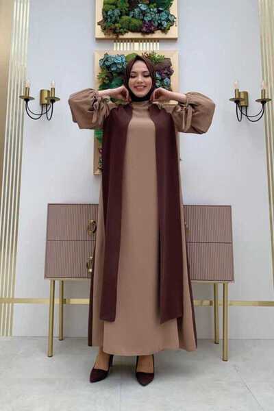 Bym Fashion İki Renkli Parça Detay Balonkol Görünümlü Elbise 3799 Kahverengi