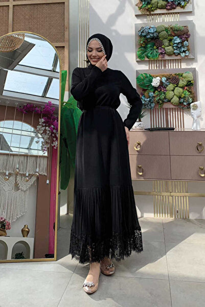 Bym Fashion Etek Ucu Piliseli Dantel Görünümlü Kuşaklı Elbise 3890 Siyah