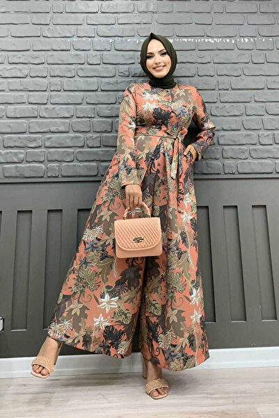 Bym Fashion Göğüs Kısmı Gizli Düğmeli Bel Kuşaklı Baskı Desenli Tulum 3486 Gü...