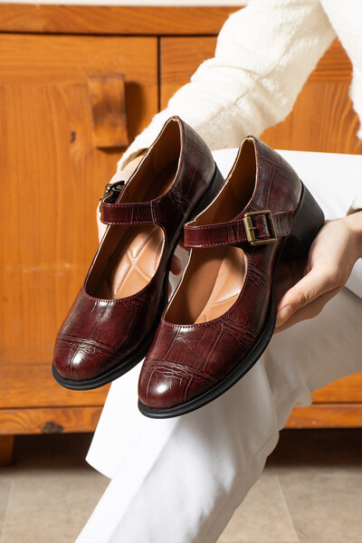 dabab shoes CLARISSA Kadın Bordo Ortopedik 4 cm Topuklu Tokalı Yuvarlak Burun...