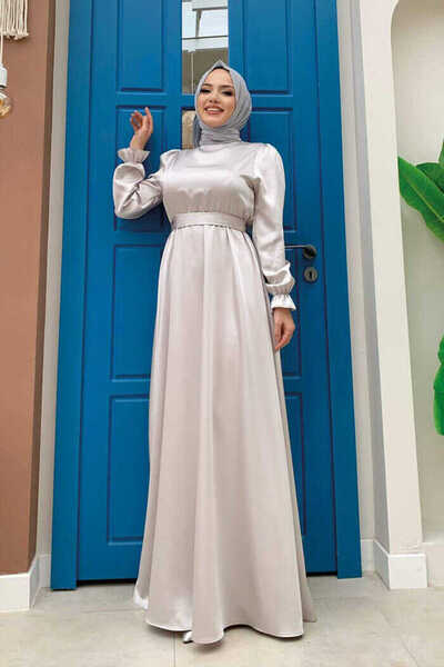 Bym Fashion Βραδινό φόρεμα από σατέν λεπτομέρεια στη μέση 3791 Γκρι