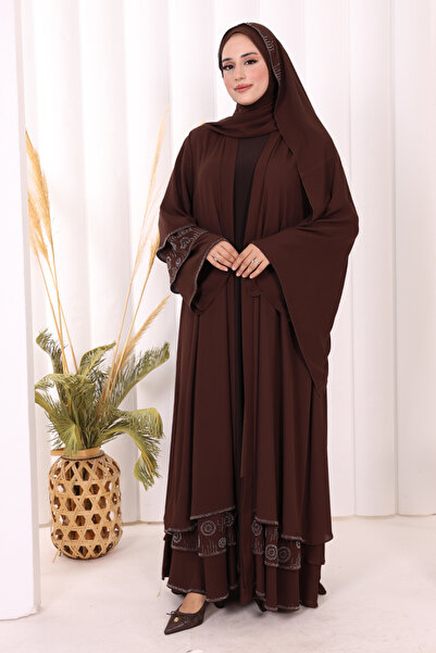 Bym Fashion Taş Detaylı Abaya ŞAL HEDİYE 70001 Kahverengi