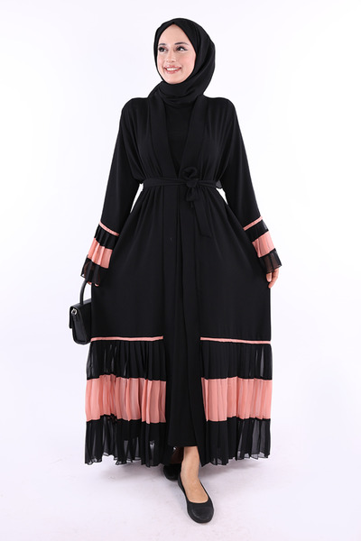 Bym Fashion كم وتنورة لونين حزام الخصر مطوي عباية 7454 مسحوق أسود