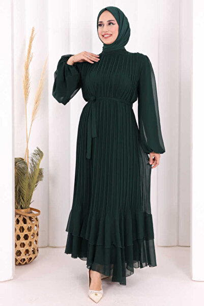 Bym Fashion Piliseli Kat Kat Detaylı Astarlı Elbise 3836 Zümrüt