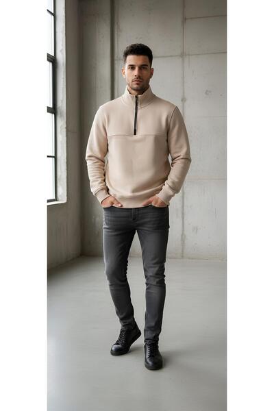 Kaşif Stand-Up Collar Half Zipper Closure Cotton 3-Ply Yarn Fleece-Lined Eats...