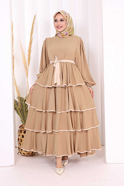 Bym Fashion Bel Kuşaklı Kat Detay Elbise 6029 Vizon