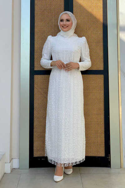 Bym Fashion Çiçek Desenli Simli Tül Abiye Elbise 1108 Ekru