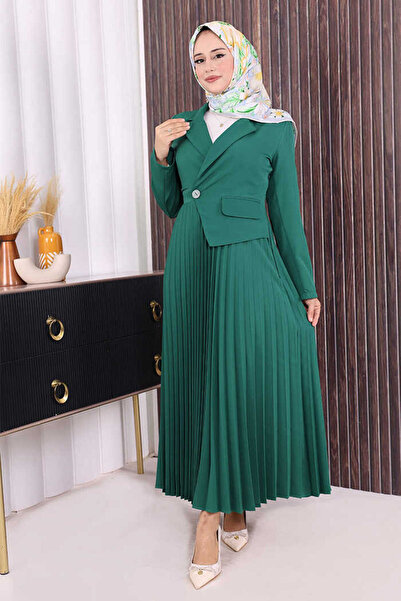 Bym Fashion Ceket Görünümlü Eteği Piliseli Elbise 3700 Zümrüt