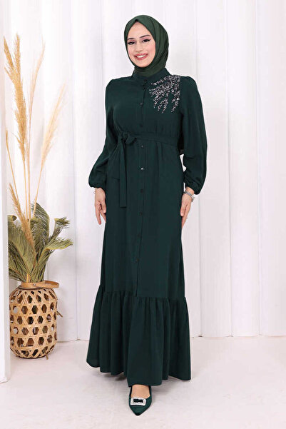 Bym Fashion Λεπτομερές φόρεμα Ferace 3840 Emerald με κέντημα ώμου με κουμπιά