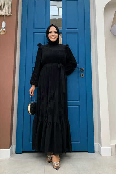 Bym Fashion Piliseli Fırfır Görünümlü Bel Kuşaklı Şifon Elbise 3628 Siyah