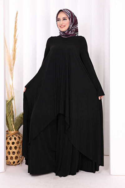 Bym Fashion Pilise Detaylı Uzun Tunik ve Pantolon İkili Takım 8575 Siyah