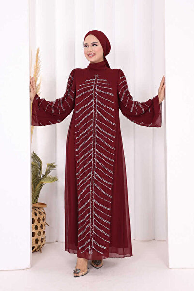 Bym Fashion Taş Detaylı Abiye Elbise 3915 Bordo
