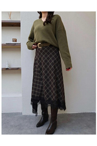 My Blog Khaki 100% Cotton Plaid Skirt with Lace Detail - 0783