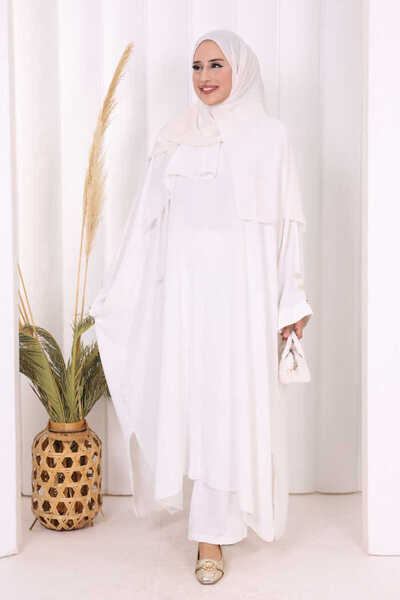 Bym Fashion Kol Düğme Detaylı Tunik Pantolon İkili Takım 8688 Ekru