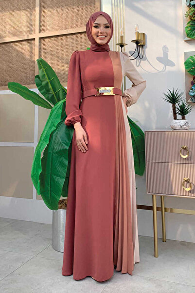 Bym Fashion Tříbarevné plisované šaty v pase 3622 Dried Rose