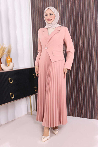 Bym Fashion Ceket Görünümlü Eteği Piliseli Elbise 3700 Pudra