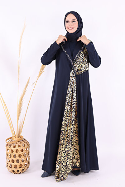 Bym Fashion Arapça Harf Baskı Detaylı Abaya 70015 Lacivert