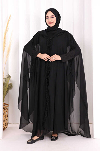 Bym Fashion Kapişonlu Belirli Kısımları Fırfır Detaylı Abayalı Elbise Takım 3...