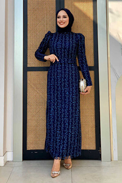 Bym Fashion Çiçek Desenli Simli Tül Abiye Elbise 1108 Lacivert