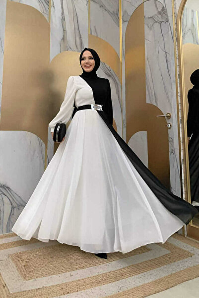 Bym Fashion فستان سهرة كبير الحجم من الشيفون بلونين مع إكسسوارات حزام الخصر 3...