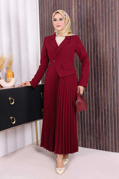 Bym Fashion Ceket Görünümlü Eteği Piliseli Elbise 3700 Bordo