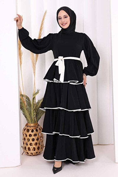 Bym Fashion Bel Kuşaklı Kat Detay Elbise 6029 Siyah