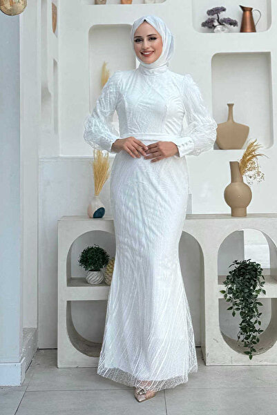 Bym Fashion Patterned Waist Belted Fish Evening Dress 1139 Ecru