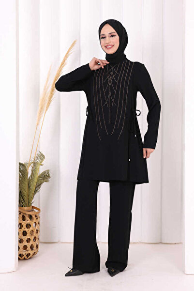 Bym Fashion طقم بنطلون تونيك منقوش بالأحجار 8447 أسود
