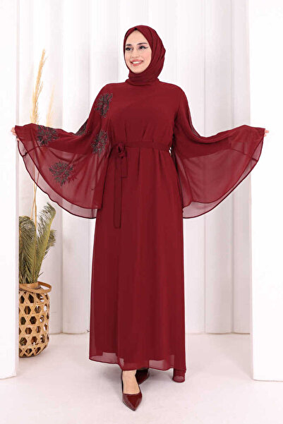 Bym Fashion Yarasakol Tek Kol Baskılı Şifon Astarlı Abiye Elbise 3539 Bordo