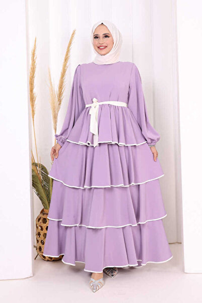 Bym Fashion Bel Kuşaklı Kat Detay Elbise 6029 Lila