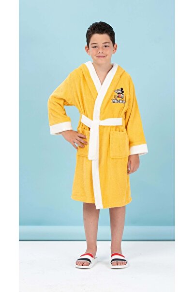 Özdilek Lisanslı Kapüşonlu Çocuk Bornozu 7/8 Yaş-Mickey Mouse Happy Sarı