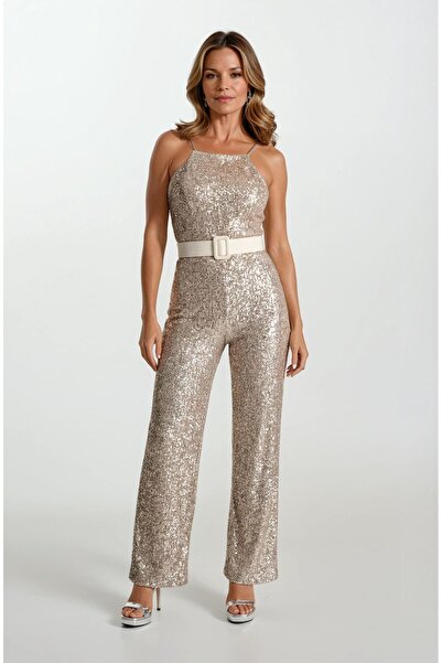 Spazio Nicholson İnce Çapraz Askılı Kemerli Pullu Abiye Tulum GOLD